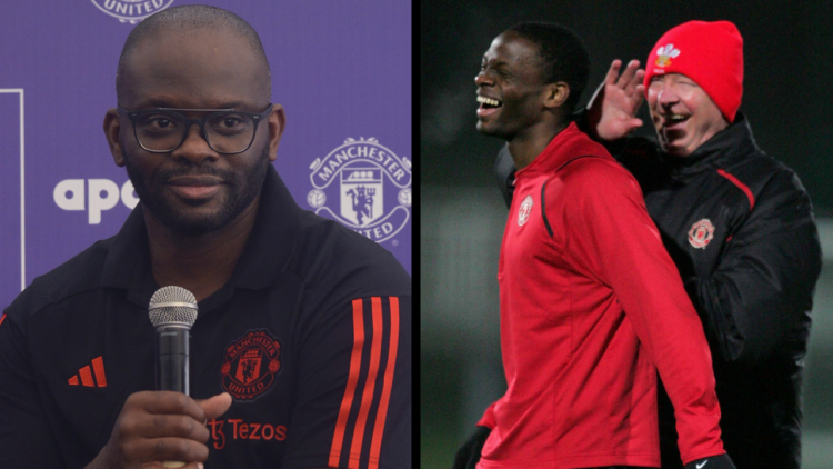 LENS, FRANCE - FEBRUARY 19: Louis Saha and Sir Alex Ferguson of Manchester United in action during a first team training session ahead of their UEF...