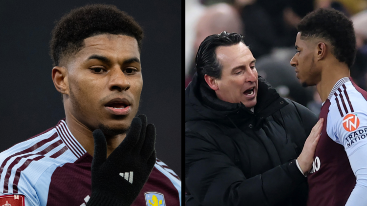 BIRMINGHAM, ENGLAND - FEBRUARY 09: Unai Emery manger / head coach of Aston Villa speaks with Marcus Rashford of Aston Villa before he comes on to m...