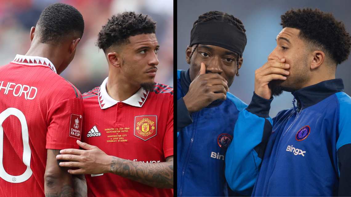 LONDON, ENGLAND - JUNE 03: Marcus Rashford interacts with Jadon Sancho of Manchester United after the Emirates FA Cup Final between Manchester City...