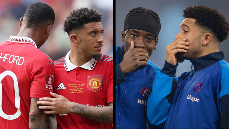 LONDON, ENGLAND - JUNE 03: Marcus Rashford interacts with Jadon Sancho of Manchester United after the Emirates FA Cup Final between Manchester City...