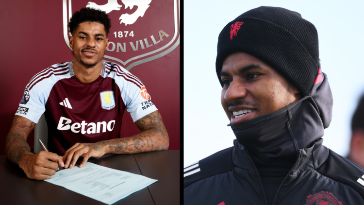 BIRMINGHAM, ENGLAND - FEBRUARY 02: Marcus Rashford of Aston Villa signs on loan for Aston Villa pat Bodymoor Heath training ground on February 02, ...