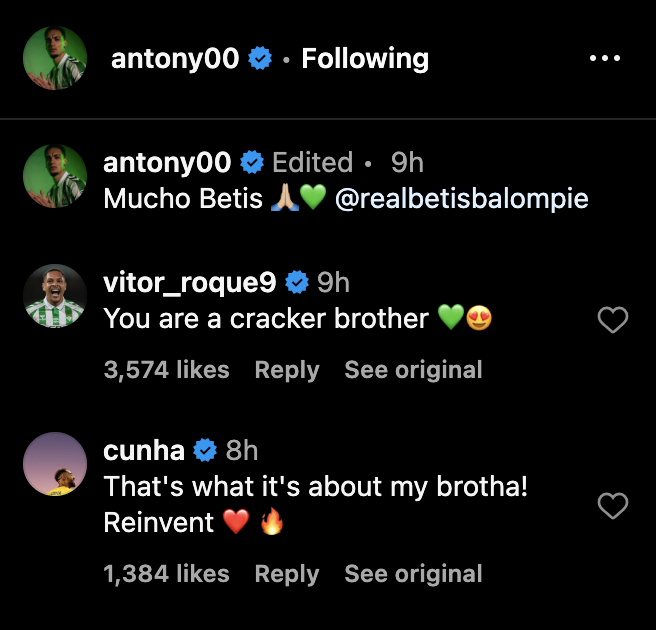 Wolves star Matheus Cunha sent a message to Manchester United player Antony after Real Betis’ win vs Real Sociedad. Credit: Instagram