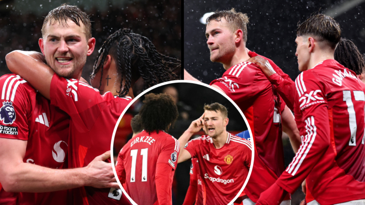 MANCHESTER, ENGLAND - FEBRUARY 26: Matthijs de Ligt of Manchester United celebrates after Sam Morsy of Ipswich Town (not pictured) scores a own goa...