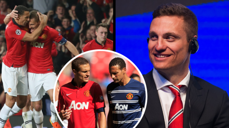 MANCHESTER, ENGLAND - APRIL 01: Nemanja Vidic of Manchester United celebrates scoring their first goal during the UEFA Champions League quarter-fin...