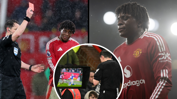 MANCHESTER, ENGLAND - FEBRUARY 26: Referee Darren England shows a red card to Patrick Chinazaekpere Dorgu of Manchester United following a VAR revi...