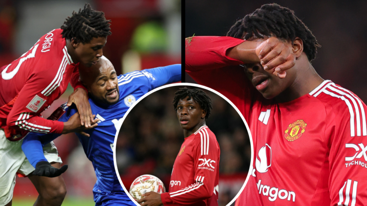 MANCHESTER, ENGLAND - FEBRUARY 07: Patrick Dorgu of Manchester United looks dejected during the Emirates FA Cup Fourth Round match between Manchest...