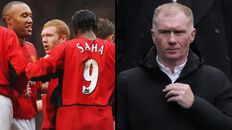 MANCHESTER, ENGLAND - JANUARY 31: Paul Scholes (2nd from L) of Manchester United celebrates scoring the second goal with his team-mates during the ...