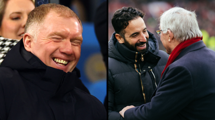 MANCHESTER, ENGLAND - JANUARY 19: Ruben Amorim, Manager of Manchester United interacts with Sir Alex Ferguson prior to the Premier League match bet...