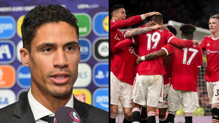 MANCHESTER, ENGLAND - MAY 02: Raphael Varane of Manchester United celebrates scoring a goal to make the score 3-0 with his team-mates during the Pr...