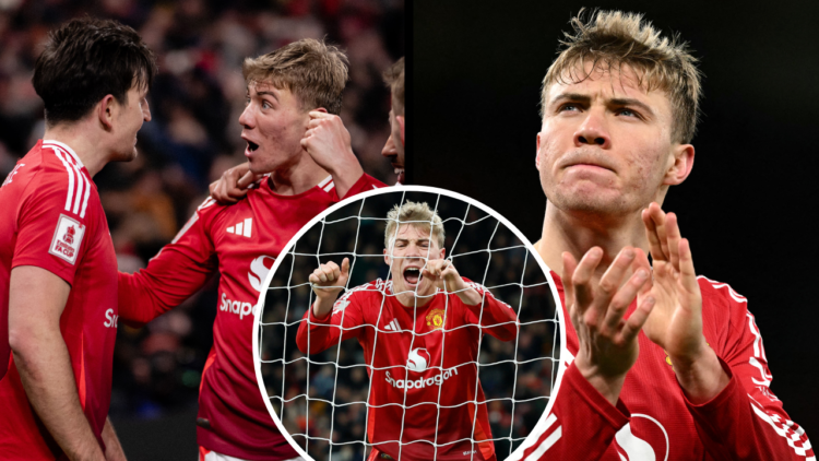 Manchester United's Danish striker #09 Rasmus Hojlund applauds the fans following the English FA Cup fourth round football match between Manchester...