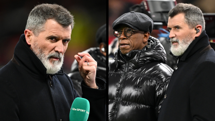 MANCHESTER, ENGLAND - FEBRUARY 07: TV pundits Ian Wright and Roy Keane are seen pitch side prior to the Emirates FA Cup Fourth Round match between ...