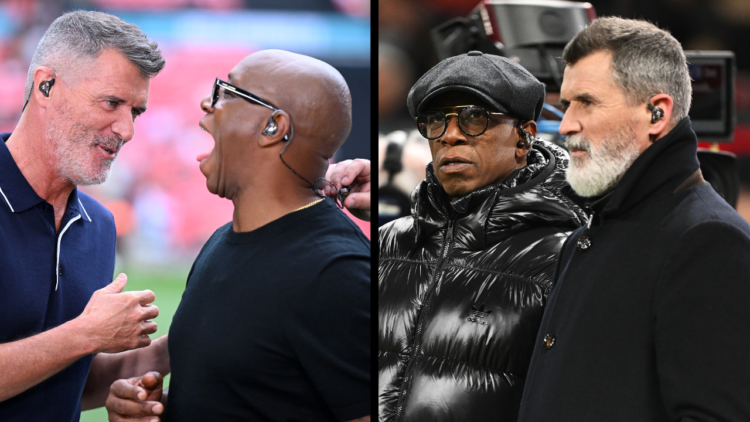 MANCHESTER, ENGLAND - FEBRUARY 07: TV pundits Ian Wright and Roy Keane are seen pitch side prior to the Emirates FA Cup Fourth Round match between ...