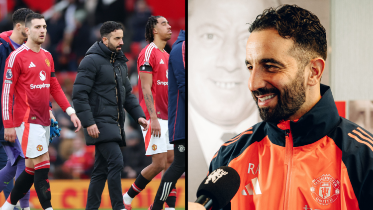 MANCHESTER, ENGLAND - FEBRUARY 21: (EXCLUSIVE COVERAGE) Head Coach Ruben Amorim of Manchester United speaks during a press conference at Carrington...