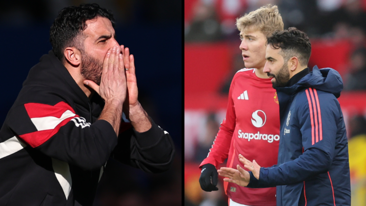 LIVERPOOL, ENGLAND - FEBRUARY 22: Ruben Amorim the head coach / manager of Manchester United reacts during the Premier League match between Everton...