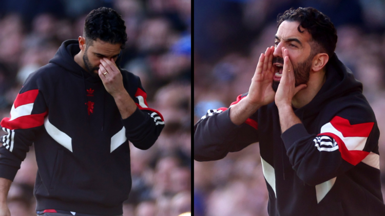 LIVERPOOL, ENGLAND - FEBRUARY 22: Manchester United manager Ruben Amorim gestures during the Premier League match between Everton FC and Manchester...