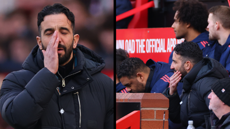 MANCHESTER, ENGLAND - FEBRUARY 2: Ruben Amorim the head coach / manager of Manchester United reacts during the Premier League match between Manches...