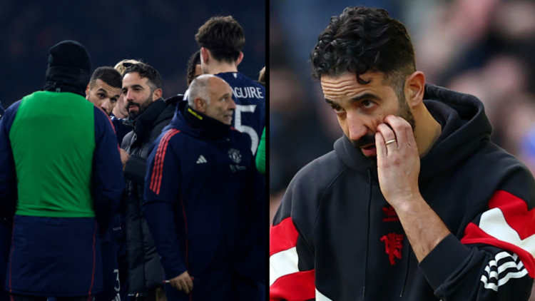 LIVERPOOL, ENGLAND - FEBRUARY 22: Manchester United manager Ruben Amorim reacts during the Premier League match between Everton FC and Manchester U...