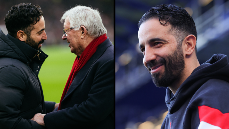 MANCHESTER, ENGLAND - JANUARY 19: Ruben Amorim, Manager of Manchester United interacts with Sir Alex Ferguson prior to the Premier League match bet...
