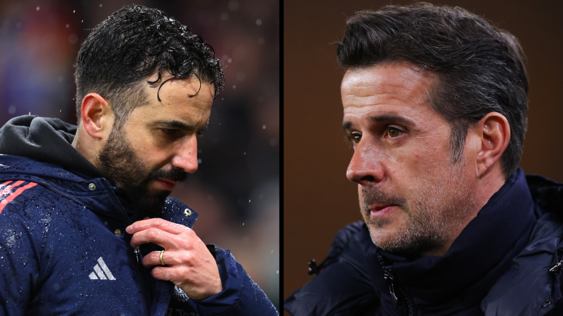 MANCHESTER, ENGLAND - FEBRUARY 26: Ruben Amorim, Manager of Manchester United, looks dejected at half-time during the Premier League match between ...