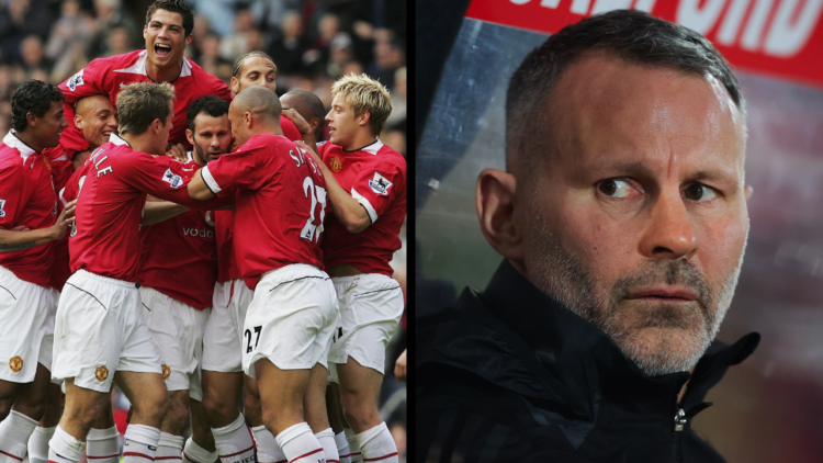 MANCHESTER, ENGLAND - MAY 7: Ryan Giggs (C) of Manchester United celebrates scoring the first goal with his team-mates during the Barclays Premiers...