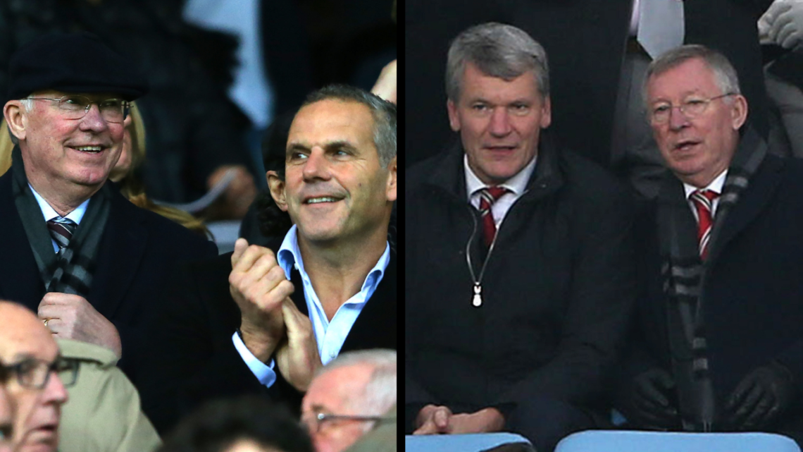 BIRMINGHAM, ENGLAND - DECEMBER 20: Former Chief Executive David Gill and former manager Sir Alex Ferguson of Manchester United watch from the direc...