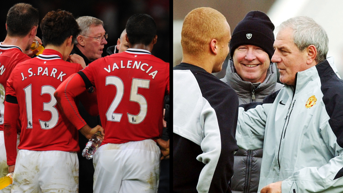 MANCHESTER, ENGLAND - MARCH 8: Sir Alex Ferguson and Walter Smith of Manchester United talk to Wes Brown during a training session at Carrington Tr...