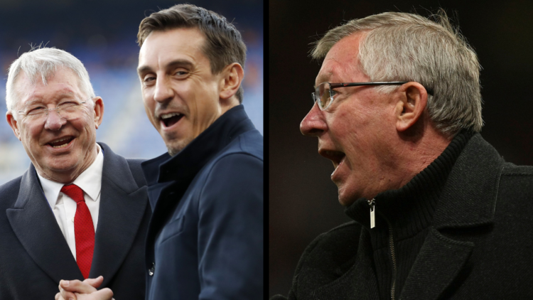 (L-R) coach Ole Gunnar Solskjaer of Manchester United, Sir Alex Ferguson, Gary Neville, during the UEFA Champions League quarter final match betwee...
