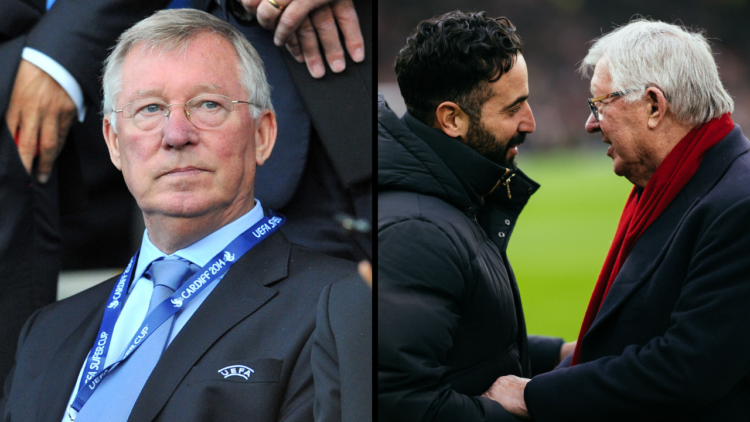 MANCHESTER, ENGLAND - JANUARY 19: Ruben Amorim, Manager of Manchester United interacts with Sir Alex Ferguson prior to the Premier League match bet...