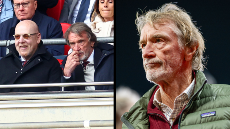 LONDON, ENGLAND - APRIL 21: Manchester United co-owner Jim Ratcliffe looks on next to Avram Glazer during the Emirates FA Cup Semi Final match betw...