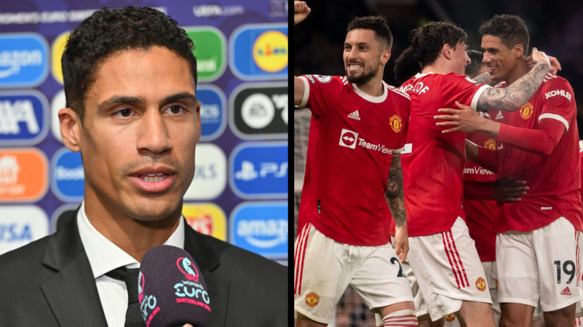 MANCHESTER, ENGLAND - MAY 02: Raphael Varane of Manchester United celebrates scoring a goal to make the score 3-0 with his team-mates during the Pr...