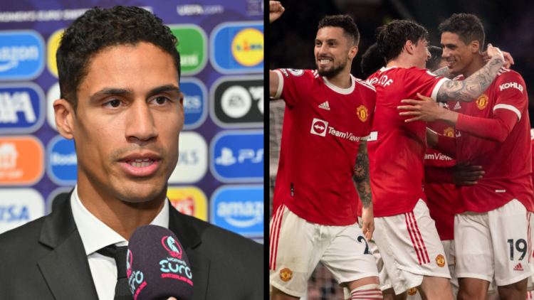 MANCHESTER, ENGLAND - MAY 02: Raphael Varane of Manchester United celebrates scoring a goal to make the score 3-0 with his team-mates during the Pr...