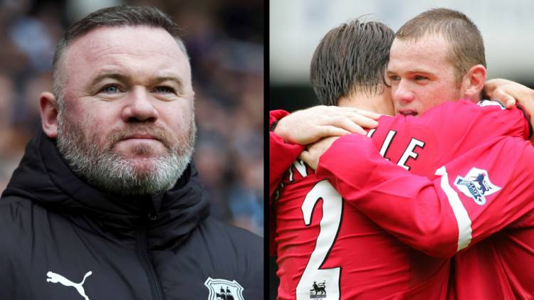 LIVERPOOL, ENGLAND - August 13: Wayne Rooney & Gary Neville celebrate during the Premier League match between Everton and Manchester United at the ...