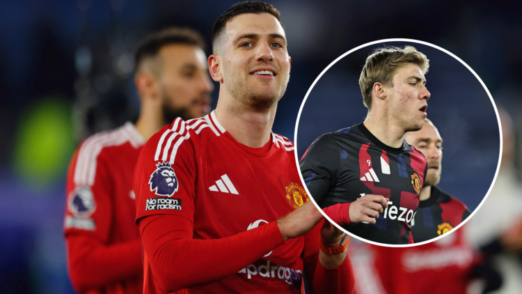 Two way split image of (R) Rasmus Hojlund and (L) Diogo Dalot ahead of the March international break