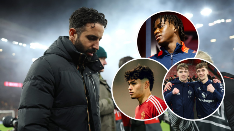 Ruben Amorim looks at the ground before Manchester United vs Real Sociedad. Inset, Godwill Kukonki head shot image. Inset Gabriele Biancheri head s...