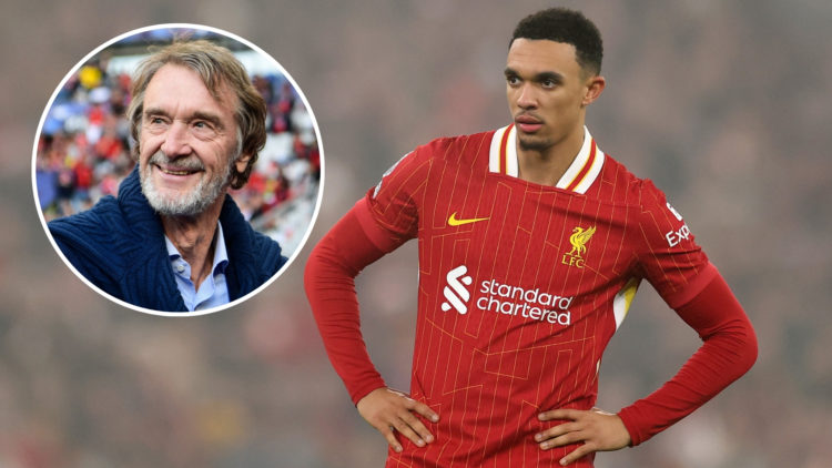 Trent Alexander-Arnold of Liverpool in action during a Premier League match, with an inset of Sir Jim Ratcliffe.