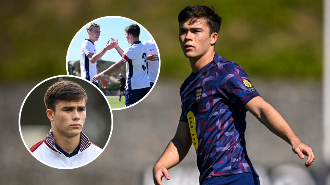 Manchester United's Harry Amass warming up for England U18s vs Portugal. Inset Harry Amass headshot image. Inset Harry Amass and Jesse Derry celebr...