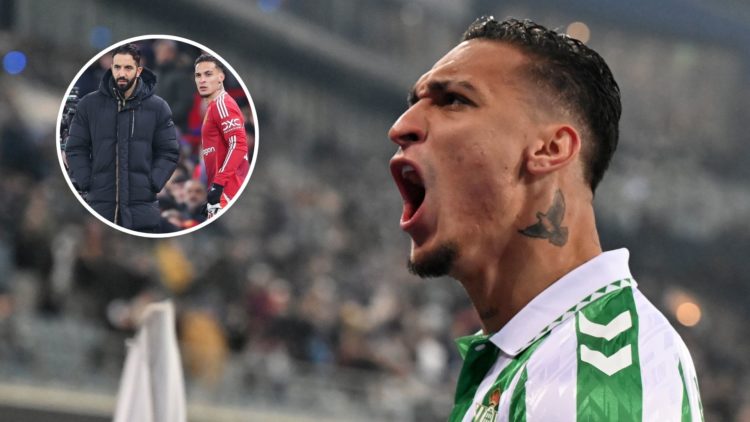 Antony of Real Betis celebrates his goal during the UEFA Europa Conference League match between KAA Gent and Real Betis FC at the KAA Gent Arena. I...