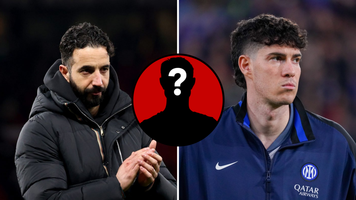 Split image with Alessandro Bastoni in Inter Milan tracksuit and Ruben Amorim applauding Manchester United fans. Inset mystery player icon.