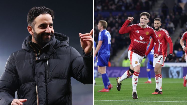 Ruben Amorim, head coach of Manchester United, celebrates after the Premier League match, and Alejandro Garnacho of Manchester United celebrates af...