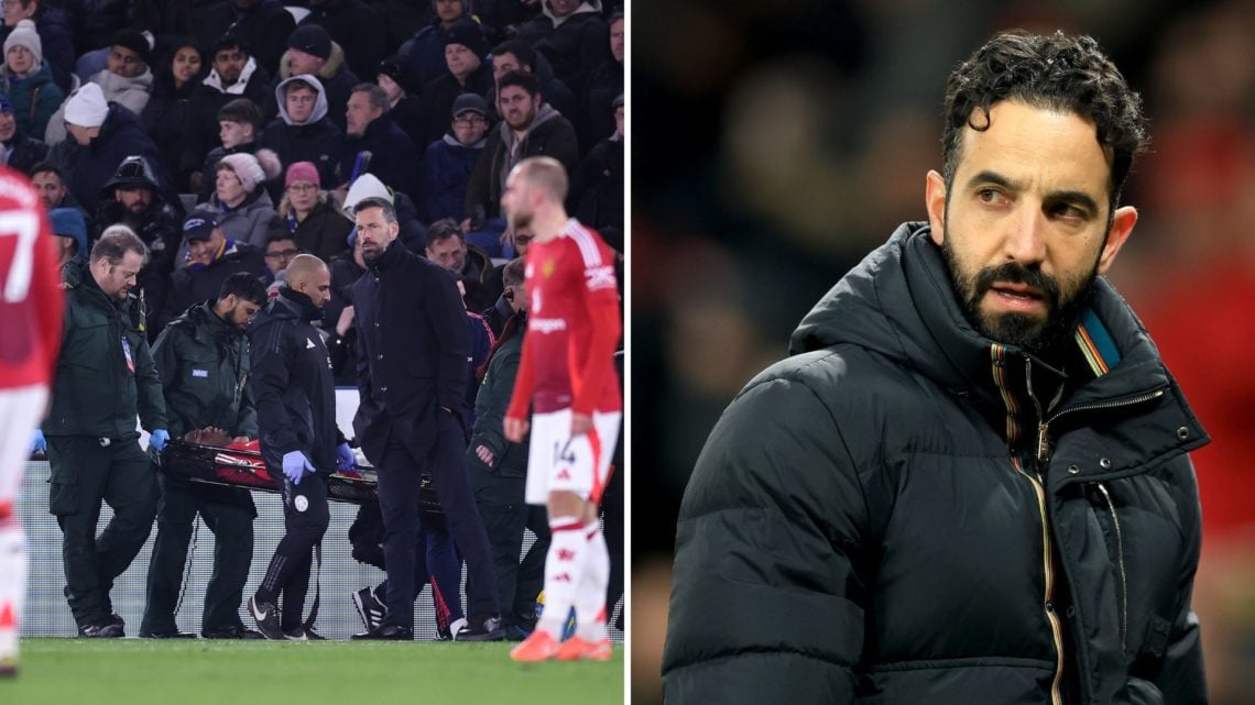 Split image as Ayden Heaven of Manchester United is stretchered off injured during the Premier League match, and Ruben Amorim looks on.