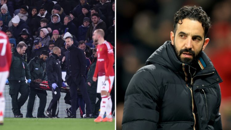 Split image as Ayden Heaven of Manchester United is stretchered off injured during the Premier League match, and Ruben Amorim looks on.
