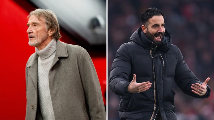Split image of Sir Jim Ratcliffe (left) and Rúben Amorim during an Emirates FA Cup match (right).