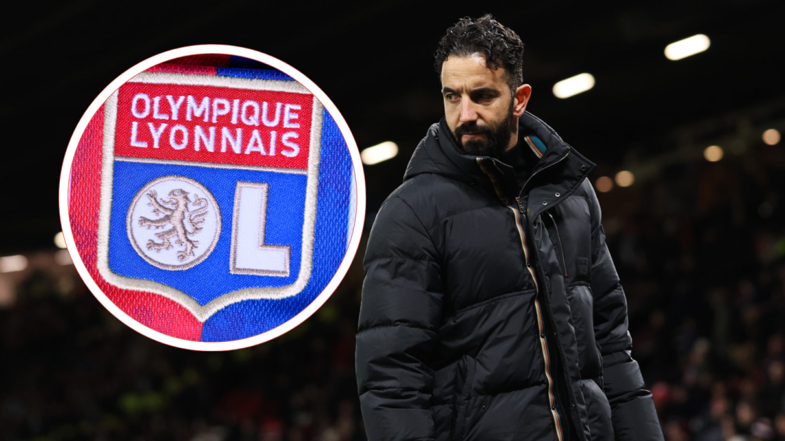 Ruben Amorim looks stern, inset Lyon club badge