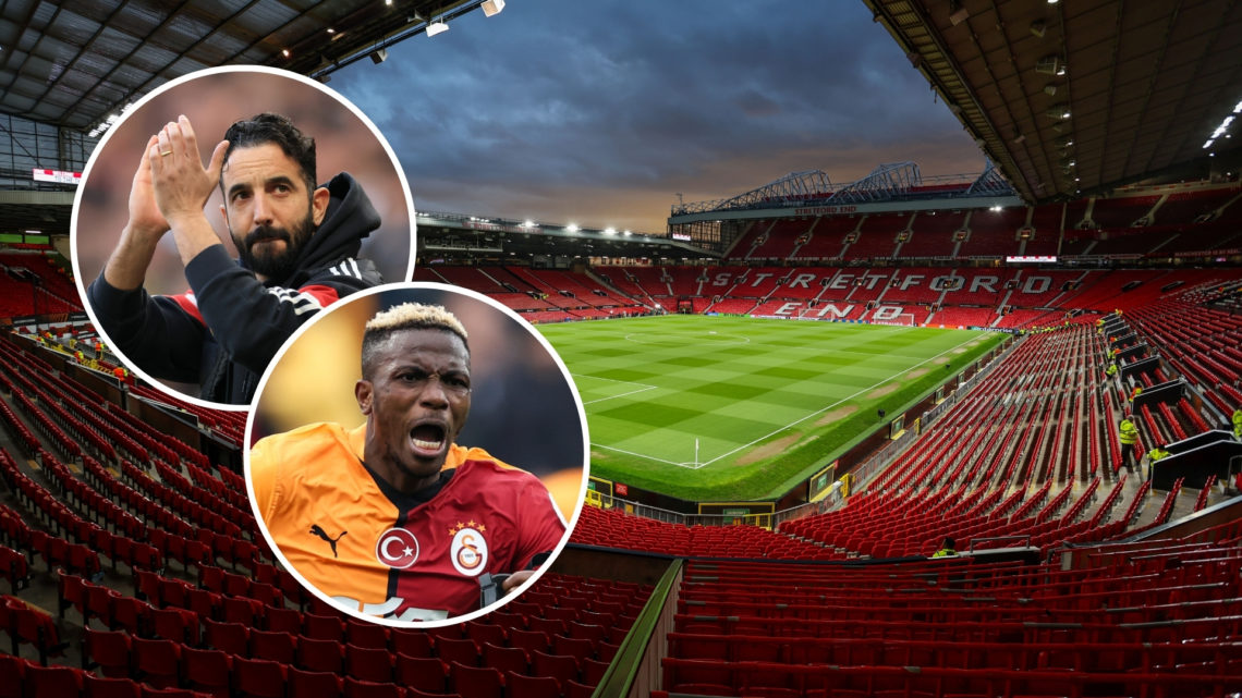 A general view of Old Trafford, home of Manchester United with an inset of Ruben Amorim acknowledging the fans and Victor Osimhen of Galatasaray sc...