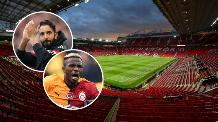 A general view of Old Trafford, home of Manchester United with an inset of Ruben Amorim acknowledging the fans and Victor Osimhen of Galatasaray sc...