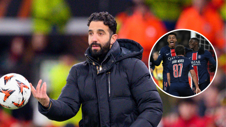 Ruben Amorim on the sideline signalling instructions for Manchester United. Inset, Desire Doue, Nuno Mendes and Joao Felix celebrate.