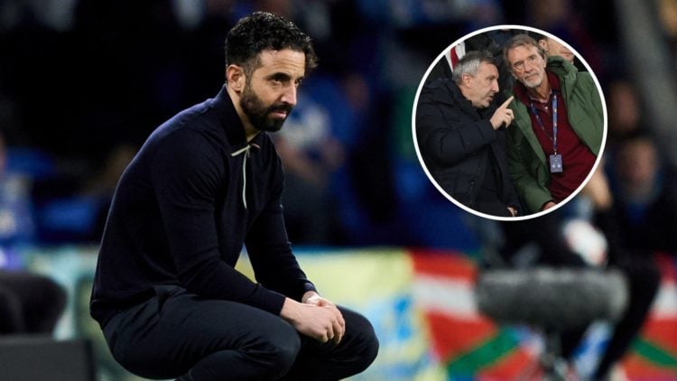 Ruben Amorim, Manager of Manchester United, looks on during the UEFA Europa League 2024/25 Round of 16 First Leg match between Real Sociedad de Fut...
