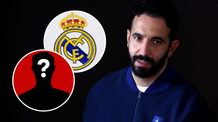 Ruben Amorim head shot image while wearing blue Manchester United tracksuit. Inset GRV Media mystery player icon and inset Real Madrid logo.
