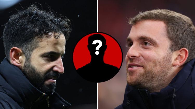 Split image of Ruben Amorim and Fabrizio Romano. Inset mystery player icon.