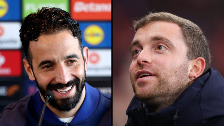 Split image of Ruben Amorim during Manchester United press conference and Fabrizio Romano pitch side during an Inter Milan game.